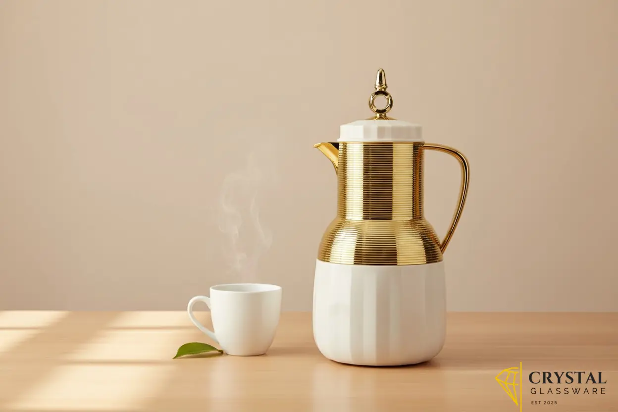 Vacuum flask featuring a gold-toned ribbed upper body and a white base with a decorative crown lid — Crystal Glassware Pakistan